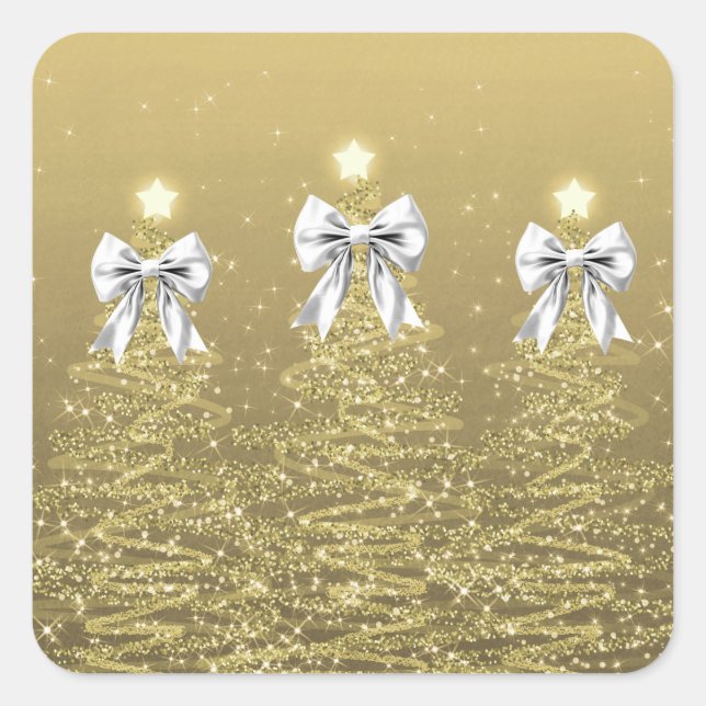 Christmas Sparkling Trees Gold Faux Silver Bow  Square Sticker (Front)