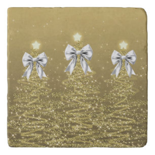 Christmas Sparkling Trees Gold Faux Silver Bow Trivet