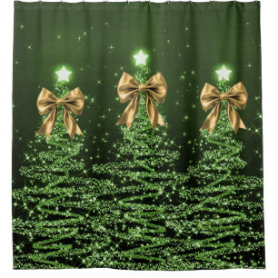 Christmas Sparkling Trees Green Faux Gold Bow Shower Curtain