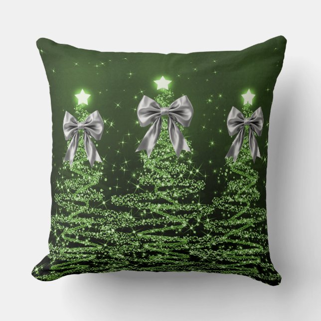 Christmas Sparkling Trees Green Faux Silver Bow  Throw Pillow (Front)