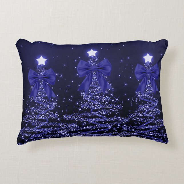 Christmas Sparkling Trees Navy Blue Faux Bow  Accent Pillow (Front)