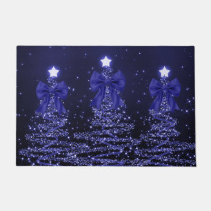 Christmas Sparkling Trees Navy Blue Faux Bow  Doormat
