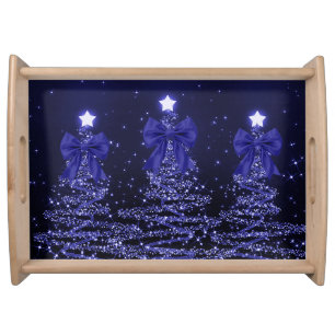 Christmas Sparkling Trees Navy Blue Faux Bow Serving Tray
