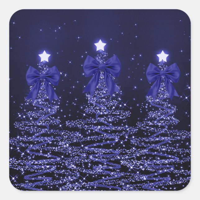 Christmas Sparkling Trees Navy Blue Faux Bow  Square Sticker (Front)