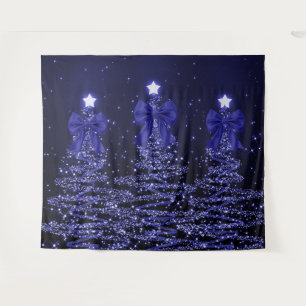 Christmas Sparkling Trees Navy Blue Faux Bow Tapestry