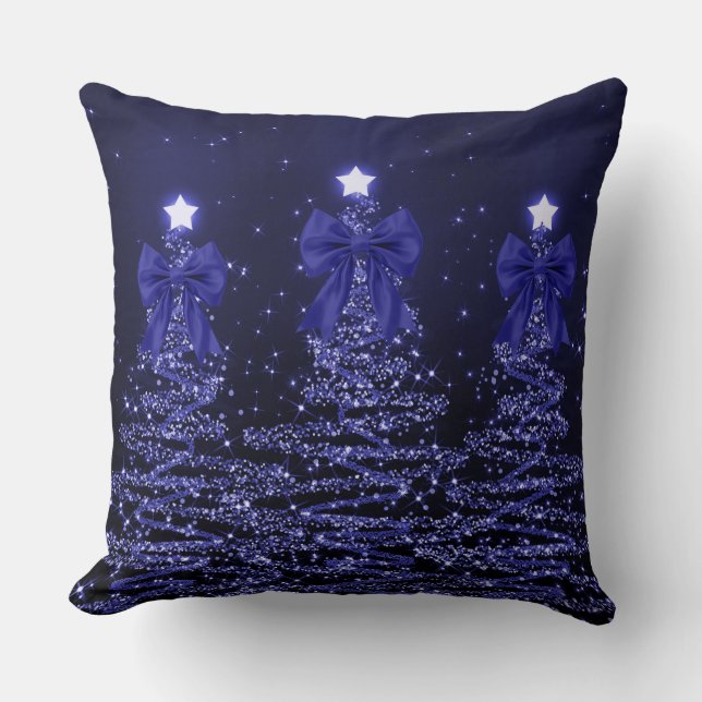 Christmas Sparkling Trees Navy Blue Faux Bow  Throw Pillow (Front)