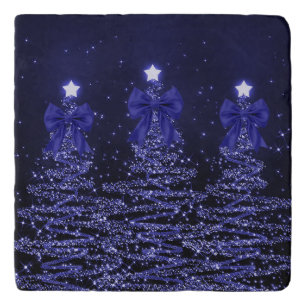 Christmas Sparkling Trees Navy Blue Faux Bow Trivet