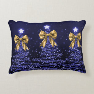 Christmas Sparkling Trees Navy Blue Faux Gold Bow Accent Pillow