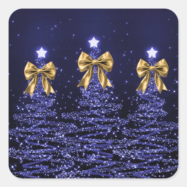 Christmas Sparkling Trees Navy Blue Faux Gold Bow  Square Sticker (Front)