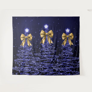 Christmas Sparkling Trees Navy Blue Faux Gold Bow Tapestry