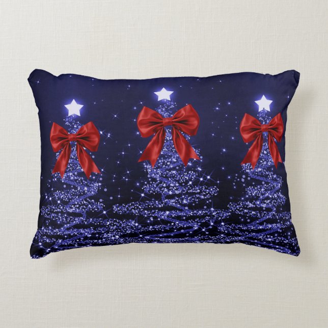 Christmas Sparkling Trees Navy Blue Faux Red Bow  Accent Pillow (Front)