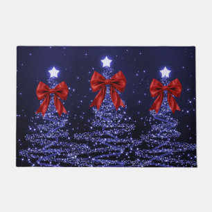 Christmas Sparkling Trees Navy Blue Faux Red Bow  Doormat