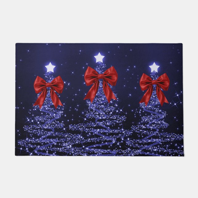 Christmas Sparkling Trees Navy Blue Faux Red Bow  Doormat (Front)