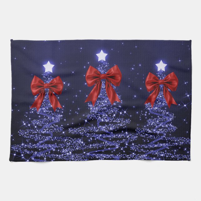 Christmas Sparkling Trees Navy Blue Faux Red Bow  Kitchen Towel (Horizontal)
