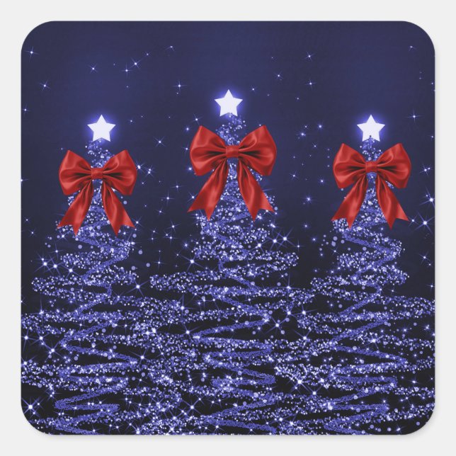 Christmas Sparkling Trees Navy Blue Faux Red Bow  Square Sticker (Front)