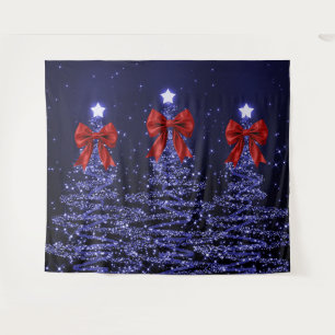 Christmas Sparkling Trees Navy Blue Faux Red Bow Tapestry