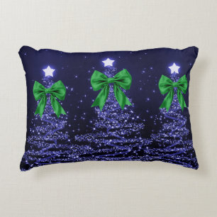 Christmas Sparkling Trees Navy Blue Green Bow Accent Pillow