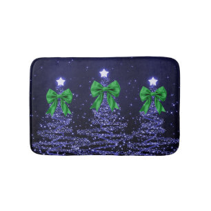 Christmas Sparkling Trees Navy Blue Green Bow Bath Mat