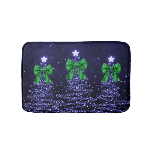 Christmas Sparkling Trees Navy Blue Green Bow  Bath Mat (Front)