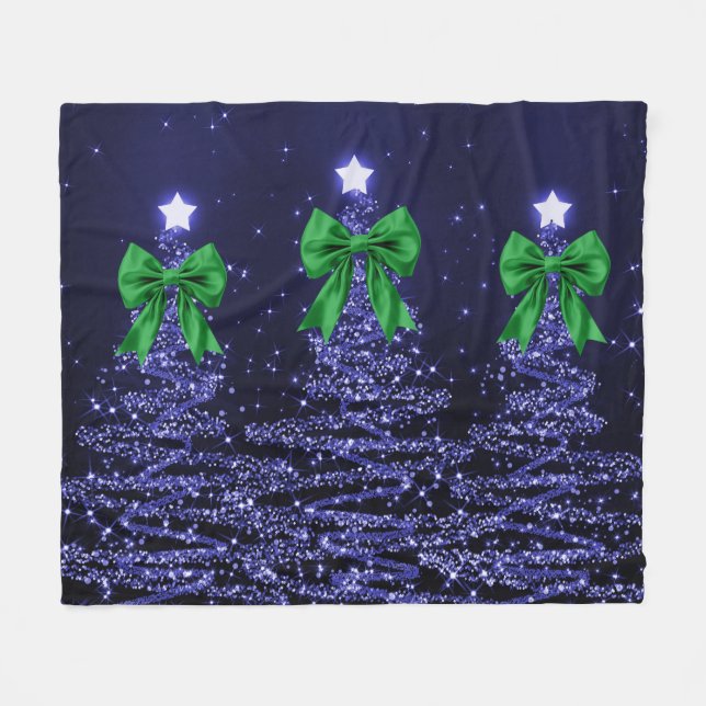 Christmas Sparkling Trees Navy Blue Green Bow  Fleece Blanket (Front (Horizontal))