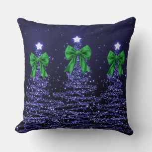 Christmas Sparkling Trees Navy Faux Green Bow Throw Pillow
