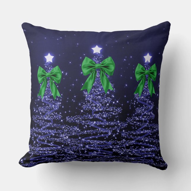 Christmas Sparkling Trees Navy Faux Green Bow  Throw Pillow (Front)
