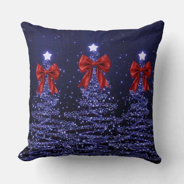 Christmas Sparkling Trees Navy Faux Red Bow  Throw Pillow (Front)