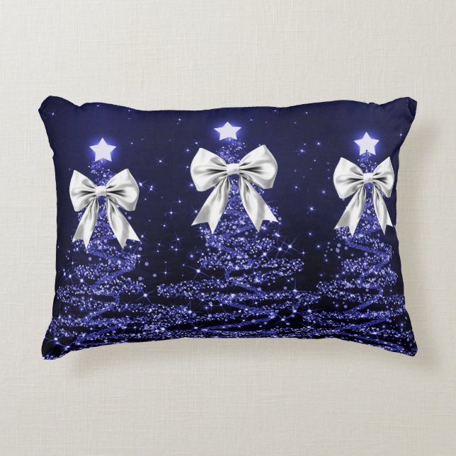 Christmas Sparkling Trees Navy Faux Silver Bow  Accent Pillow (Front)