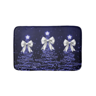 Christmas Sparkling Trees Navy Faux Silver Bow  Bath Mat