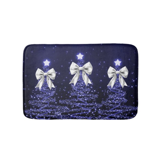 Christmas Sparkling Trees Navy Faux Silver Bow  Bath Mat (Front)