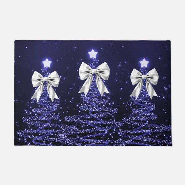 Christmas Sparkling Trees Navy Faux Silver Bow  Doormat (Front)
