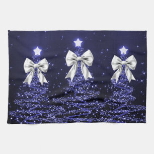 Christmas Sparkling Trees Navy Faux Silver Bow Kitchen Towel