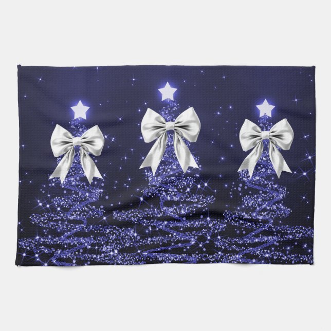 Christmas Sparkling Trees Navy Faux Silver Bow  Kitchen Towel (Horizontal)