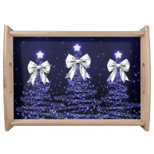 Christmas Sparkling Trees Navy Faux Silver Bow Serving Tray