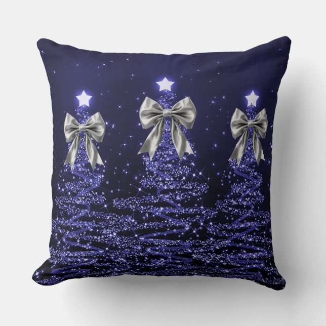 Christmas Sparkling Trees Navy Faux Silver Bow  Throw Pillow (Front)