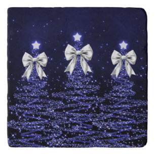 Christmas Sparkling Trees Navy Faux Silver Bow Trivet