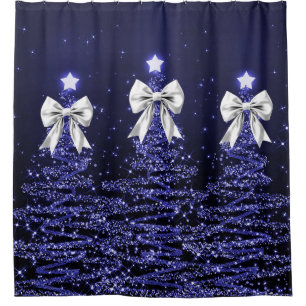 Christmas Sparkling Trees Navy Silver Faux Bow Shower Curtain