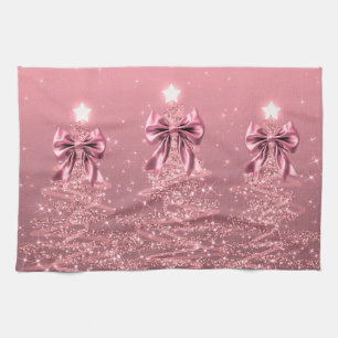Christmas Sparkling Trees Pink Blush Faux Bow Kitchen Towel