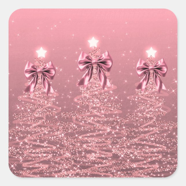 Christmas Sparkling Trees Pink Blush Faux Bow  Square Sticker (Front)