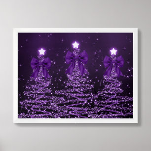 Christmas Sparkling Trees Purple Faux Bow Framed Art