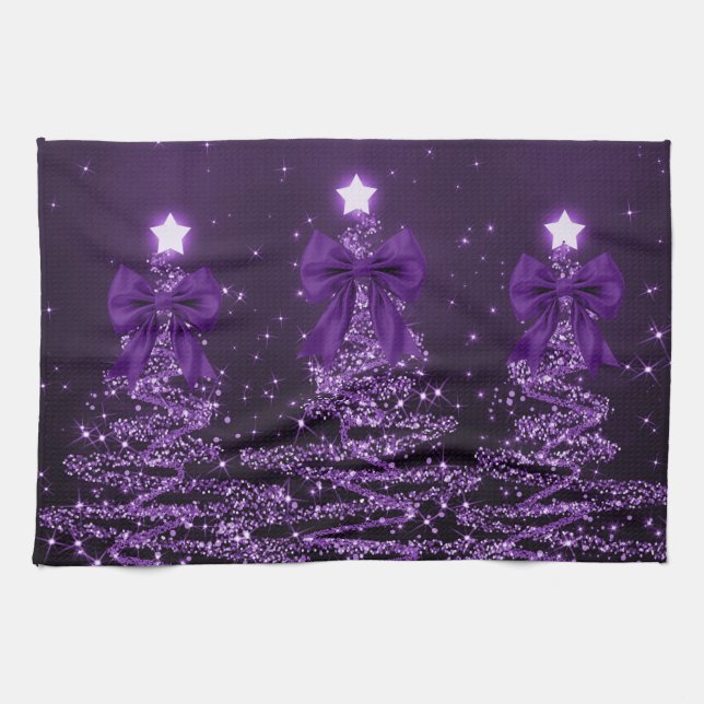 Christmas Sparkling Trees Purple Faux Bow  Kitchen Towel (Horizontal)