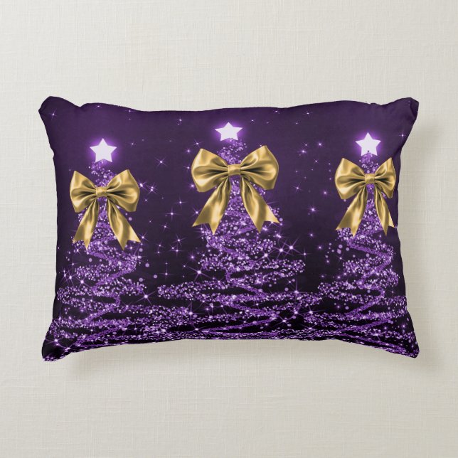 Christmas Sparkling Trees Purple Faux Gold Bow  Accent Pillow (Front)