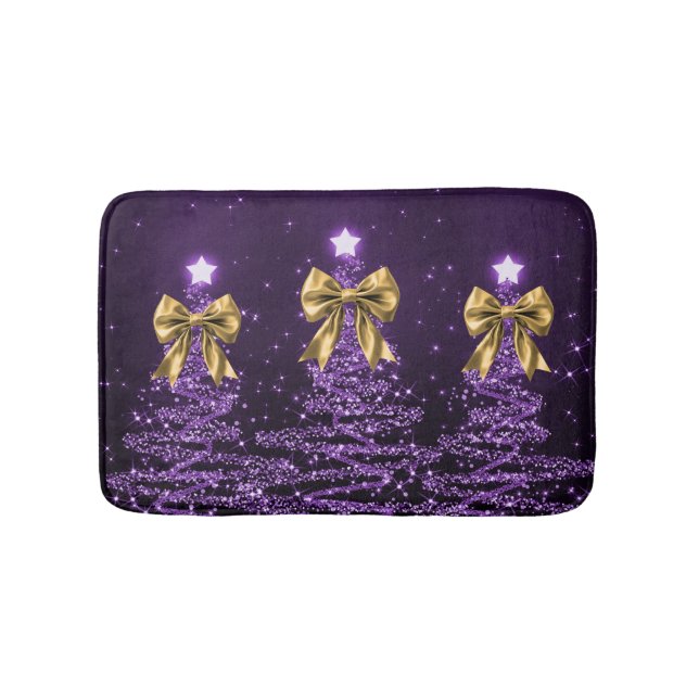 Christmas Sparkling Trees Purple Faux Gold Bow  Bath Mat (Front)