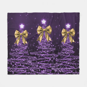 Christmas Sparkling Trees Purple Faux Gold Bow Fleece Blanket