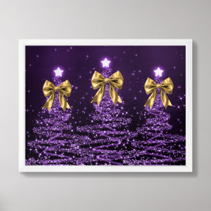 Christmas Sparkling Trees Purple Faux Gold Bow Framed Art