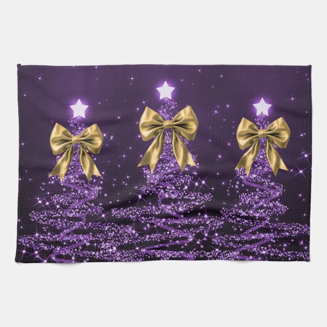 Christmas Sparkling Trees Purple Faux Gold Bow  Kitchen Towel (Horizontal)