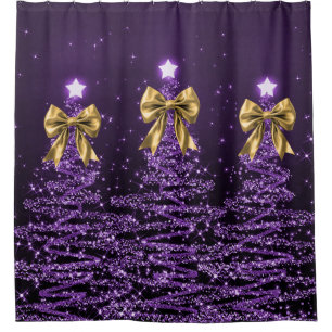 Christmas Sparkling Trees Purple Faux Gold Bow  Shower Curtain