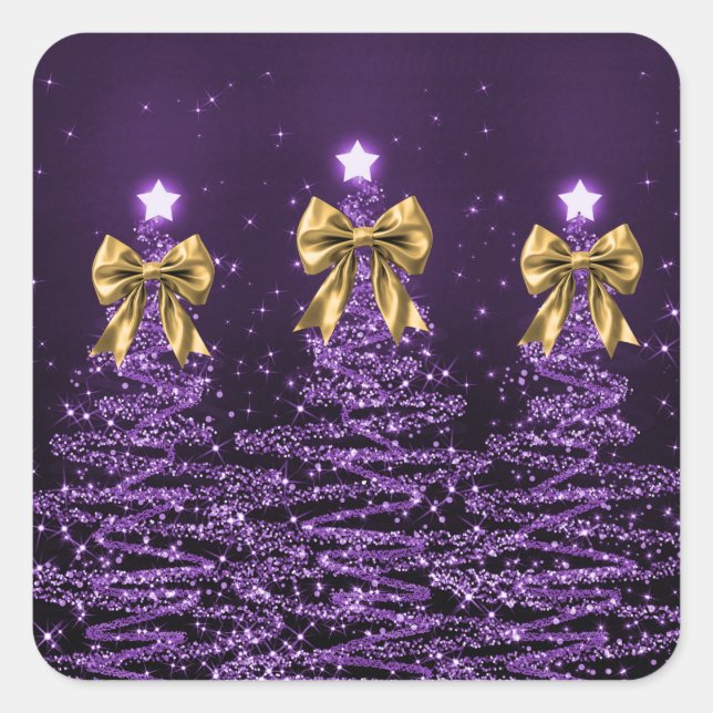 Christmas Sparkling Trees Purple Faux Gold Bow  Square Sticker (Front)