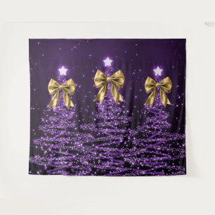 Christmas Sparkling Trees Purple Faux Gold Bow  Tapestry