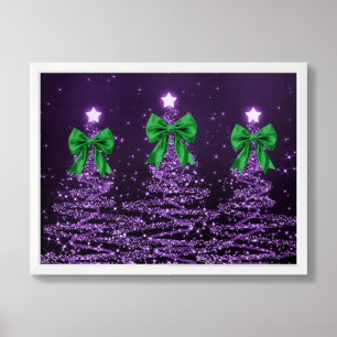 Christmas Sparkling Trees Purple Faux Green Bow Framed Art